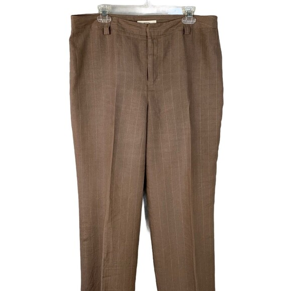 Merona Linen Trousers Women 14 Career Lined Brown Straight Leg Sm Thin Stripe - Picture 2 of 7